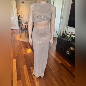 Elegant Beige Glitz Cut Out Dress